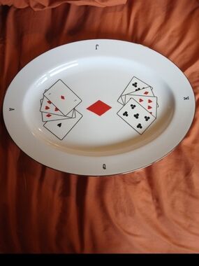 Swid Powell White Ceramic Serving Platter with Red and Black Card Motif